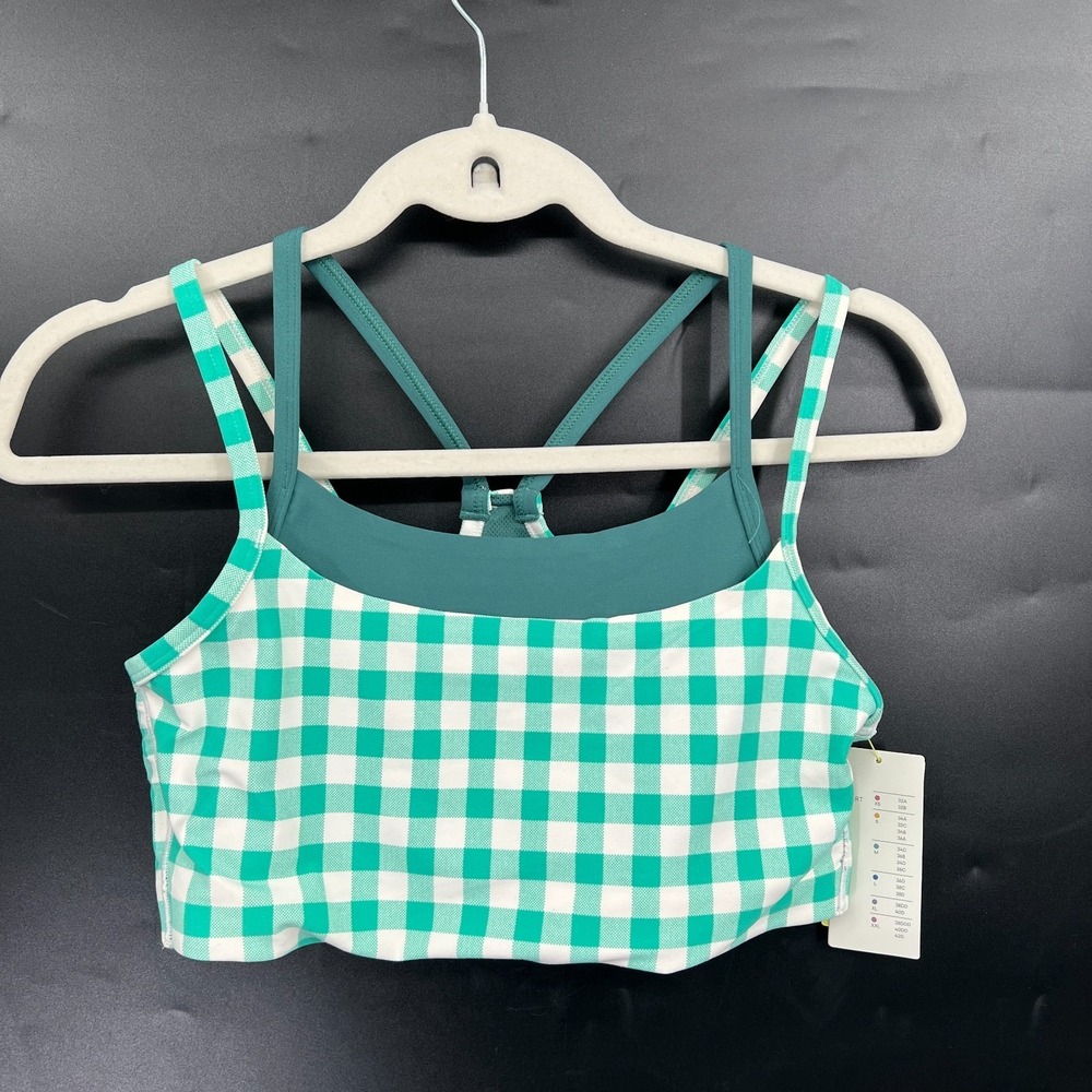 NEW everyday soft sports bra green gingham workout activewear quick dry‎ L